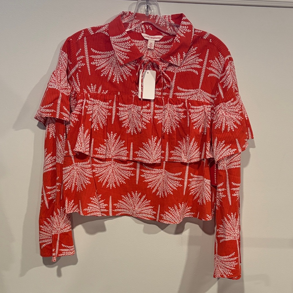 LUCKY BRAND Women’s Red Tropical-Print Ruffle Long Wide Sleeve Top Size Small
